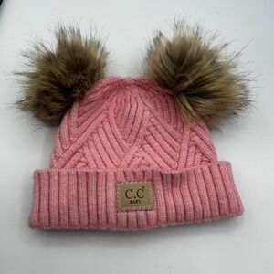 C.C. Baby Pink Knit Double Pom Beanie Faux Fur Winter Hat RN 88320